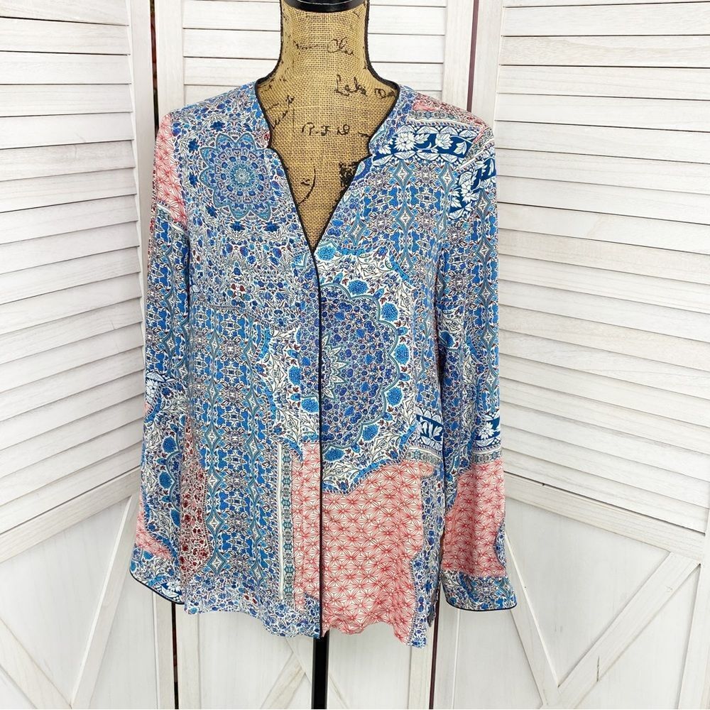 Sanctuary Multi Patchwork‎ Print Button Front Blouse Red Blue Small